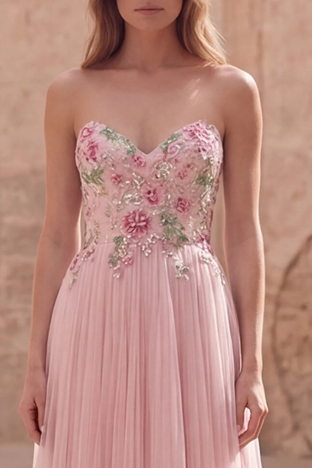 Pink Strapless A Line Appliqued Tulle Prom Dress sold by Wedtrend product image thumbnail 4