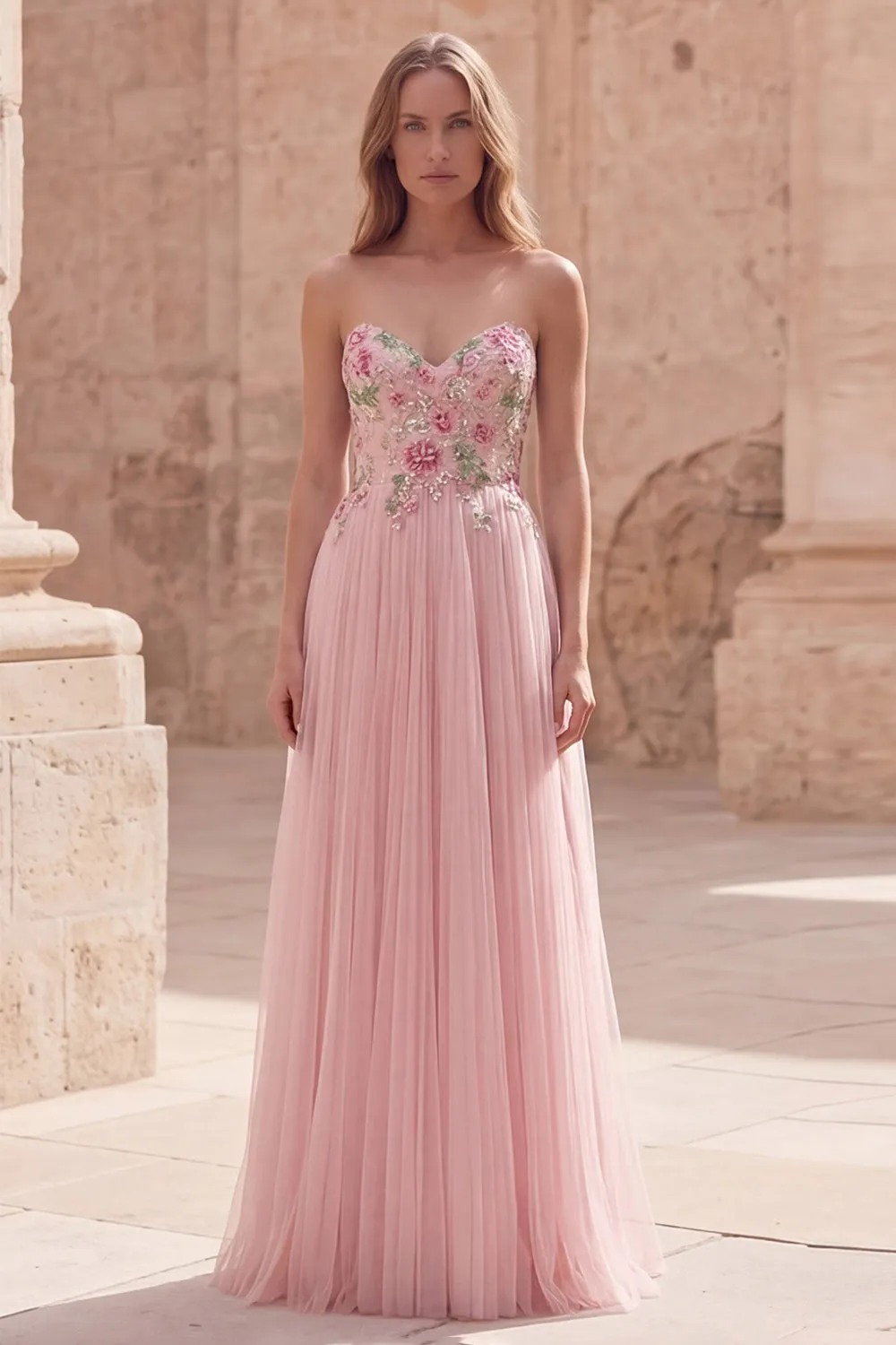 Pink Strapless A Line Appliqued Tulle Prom Dress sold by Wedtrend