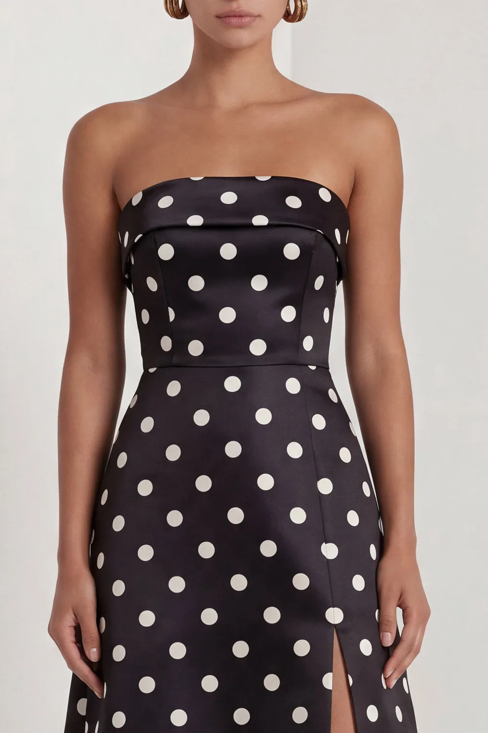 Strapless Black White A Line Polka Dot Long Formal Dress with Slit sold by Wedtrend product image thumbnail 4