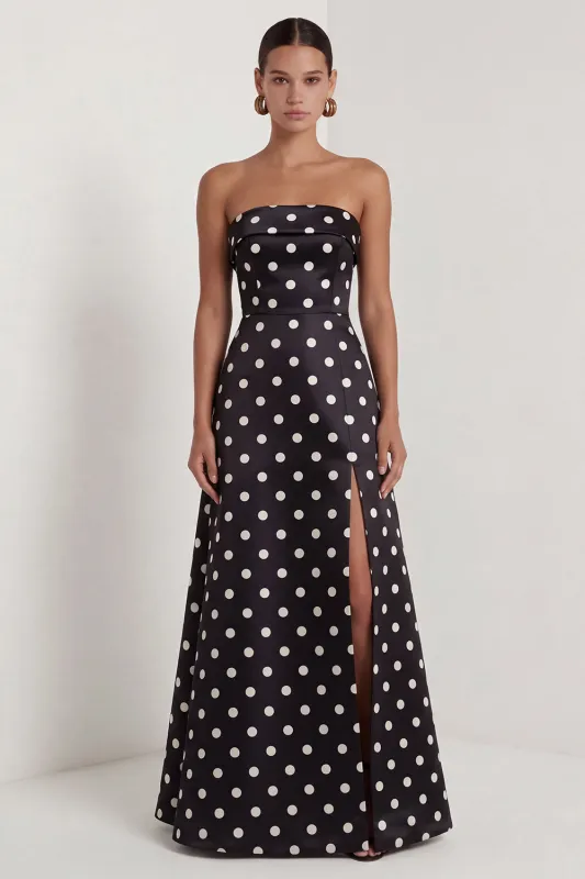 Strapless Black White A Line Polka Dot Long Formal Dress with Slit made by Wedtrend