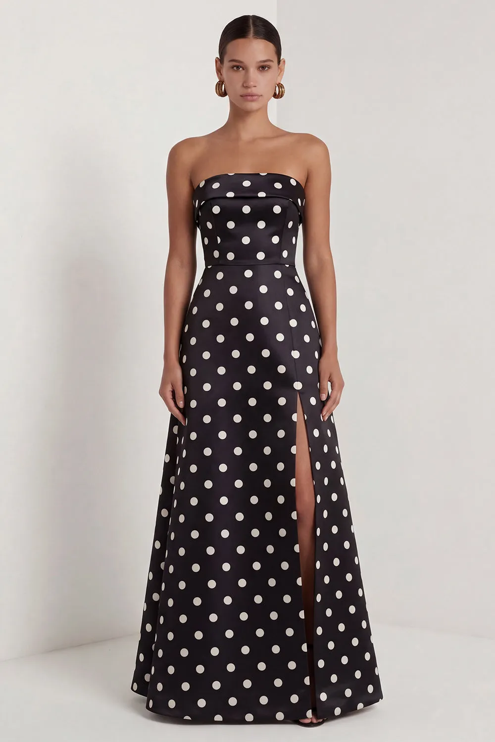 Strapless Black White A Line Polka Dot Long Formal Dress with Slit sold by Wedtrend