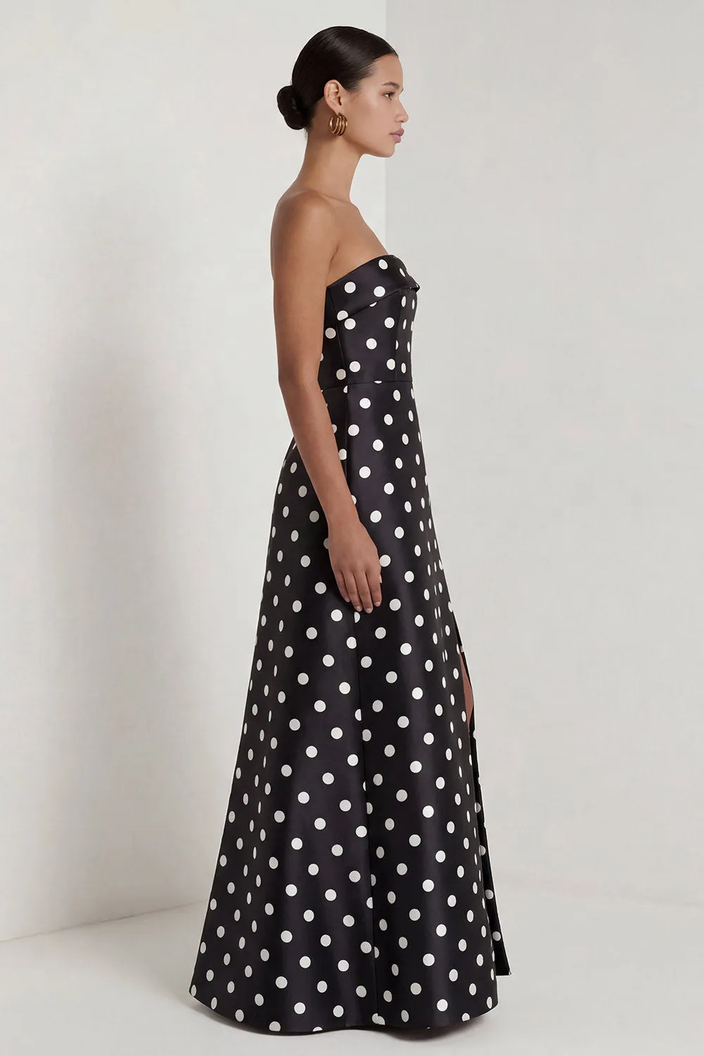 Strapless Black White A Line Polka Dot Long Formal Dress with Slit sold by Wedtrend product image thumbnail 3