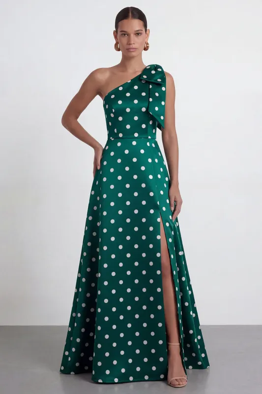 Green White Polka Dot One Shoulder A Line Formal Dress with Slit made by Wedtrend