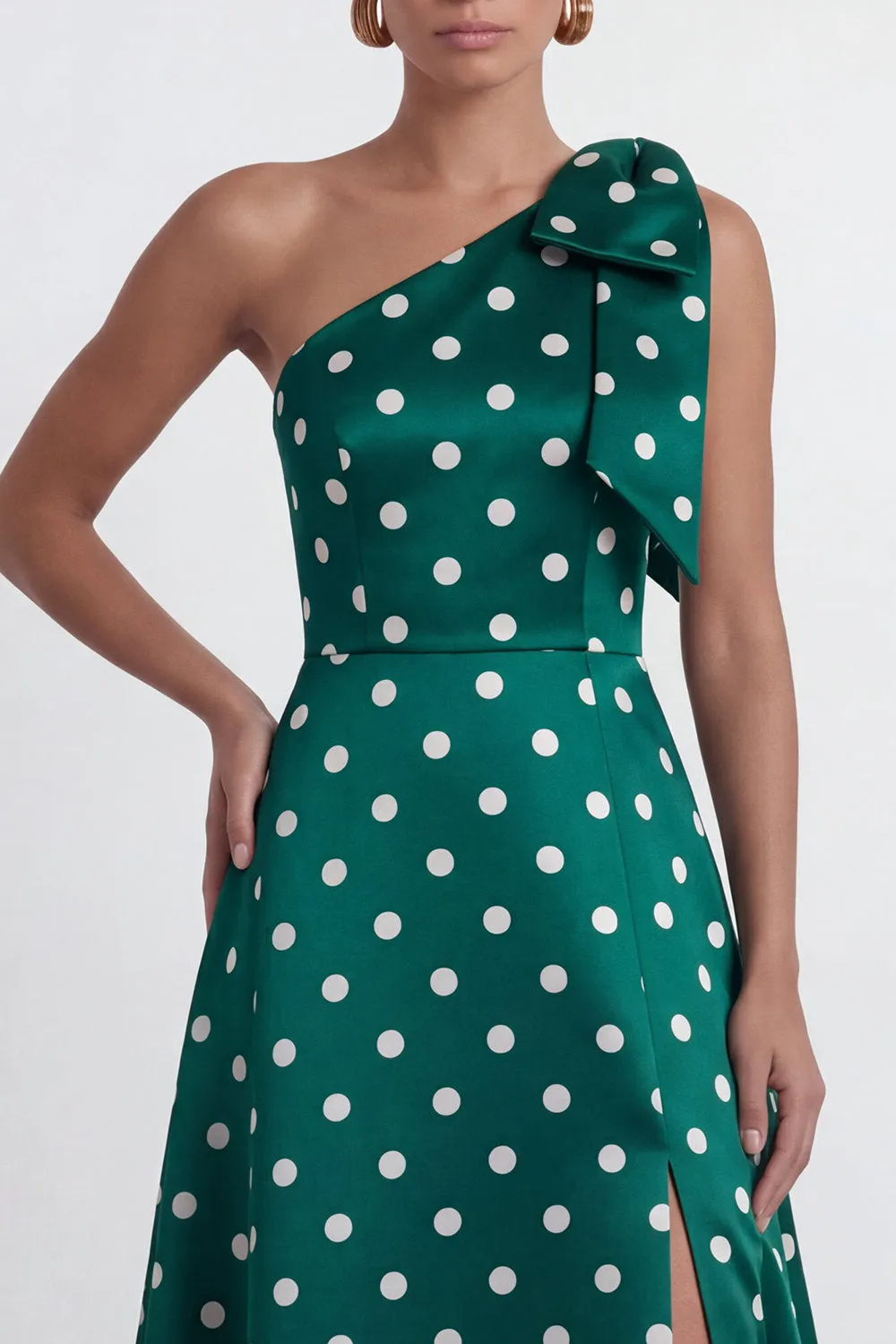 Green White Polka Dot One Shoulder A Line Formal Dress with Slit sold by Wedtrend product image thumbnail 2