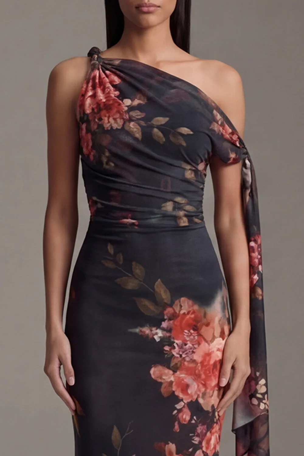 Asymmetrical Neck Black Mermaid Printed Long Formal Dress sold by Wedtrend product image thumbnail 4