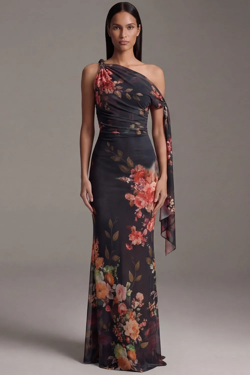 Asymmetrical Neck Black Mermaid Printed Long Formal Dress sold by Wedtrend