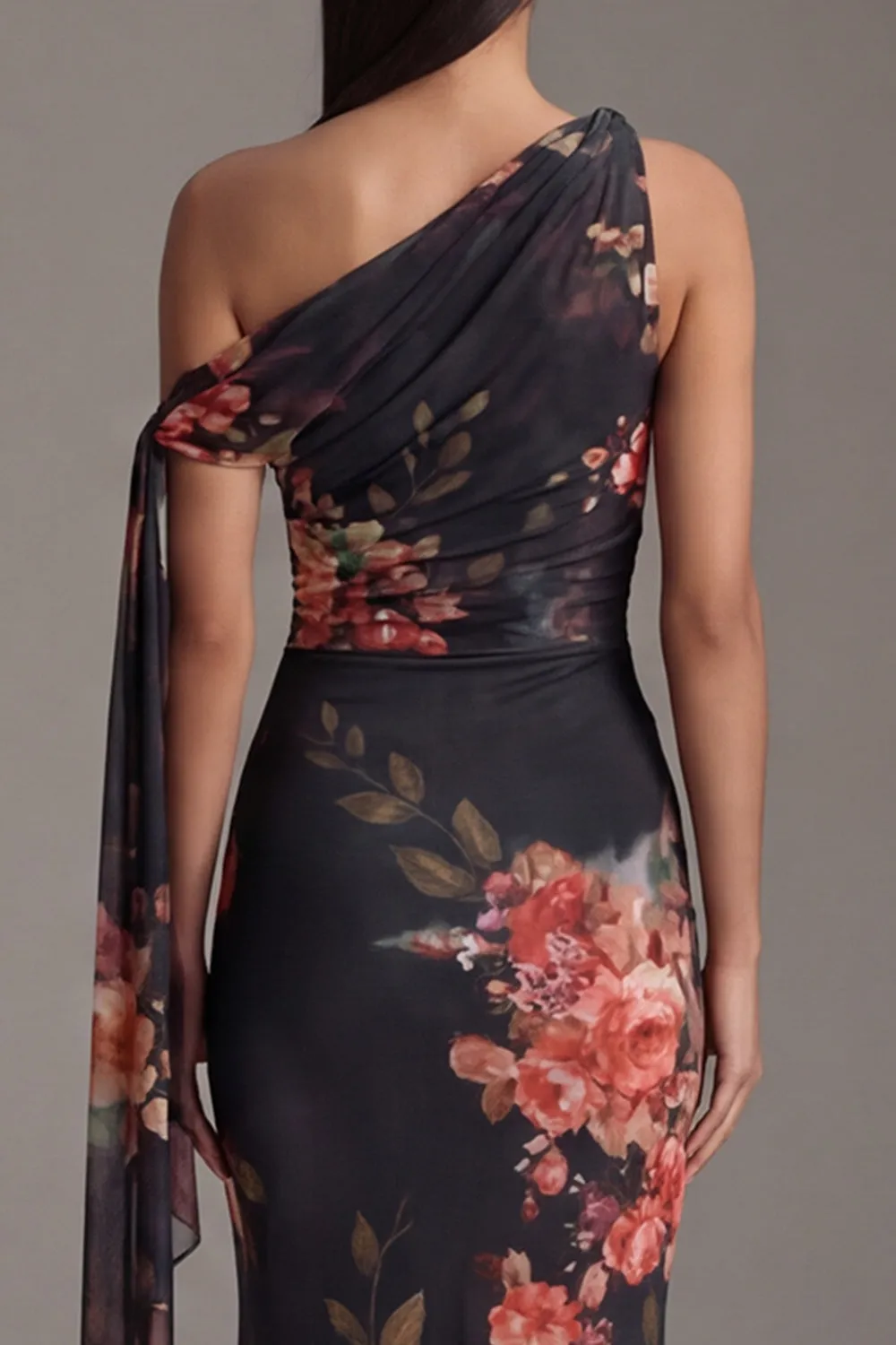Asymmetrical Neck Black Mermaid Printed Long Formal Dress sold by Wedtrend product image thumbnail 5