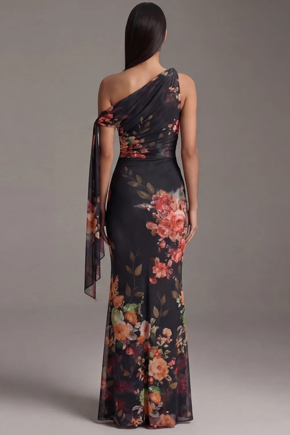 Asymmetrical Neck Black Mermaid Printed Long Formal Dress sold by Wedtrend product image thumbnail 2