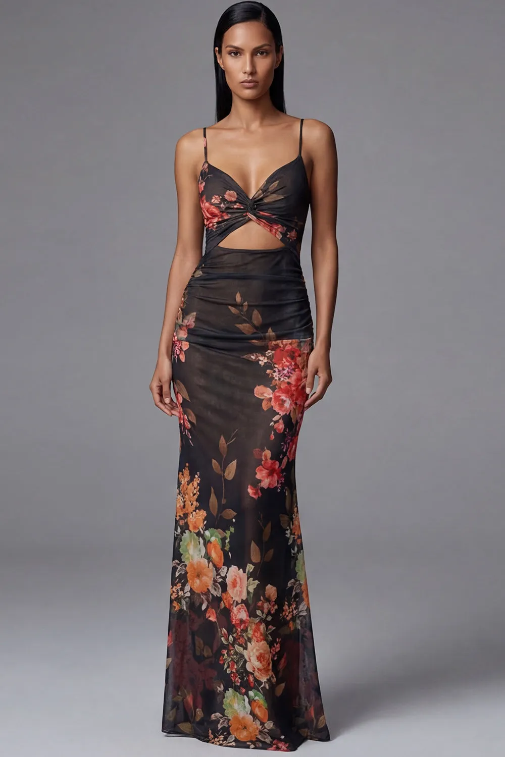 Mermaid Ruched Black Cut Out Floral Formal Dress with Lace-up Back sold by Wedtrend