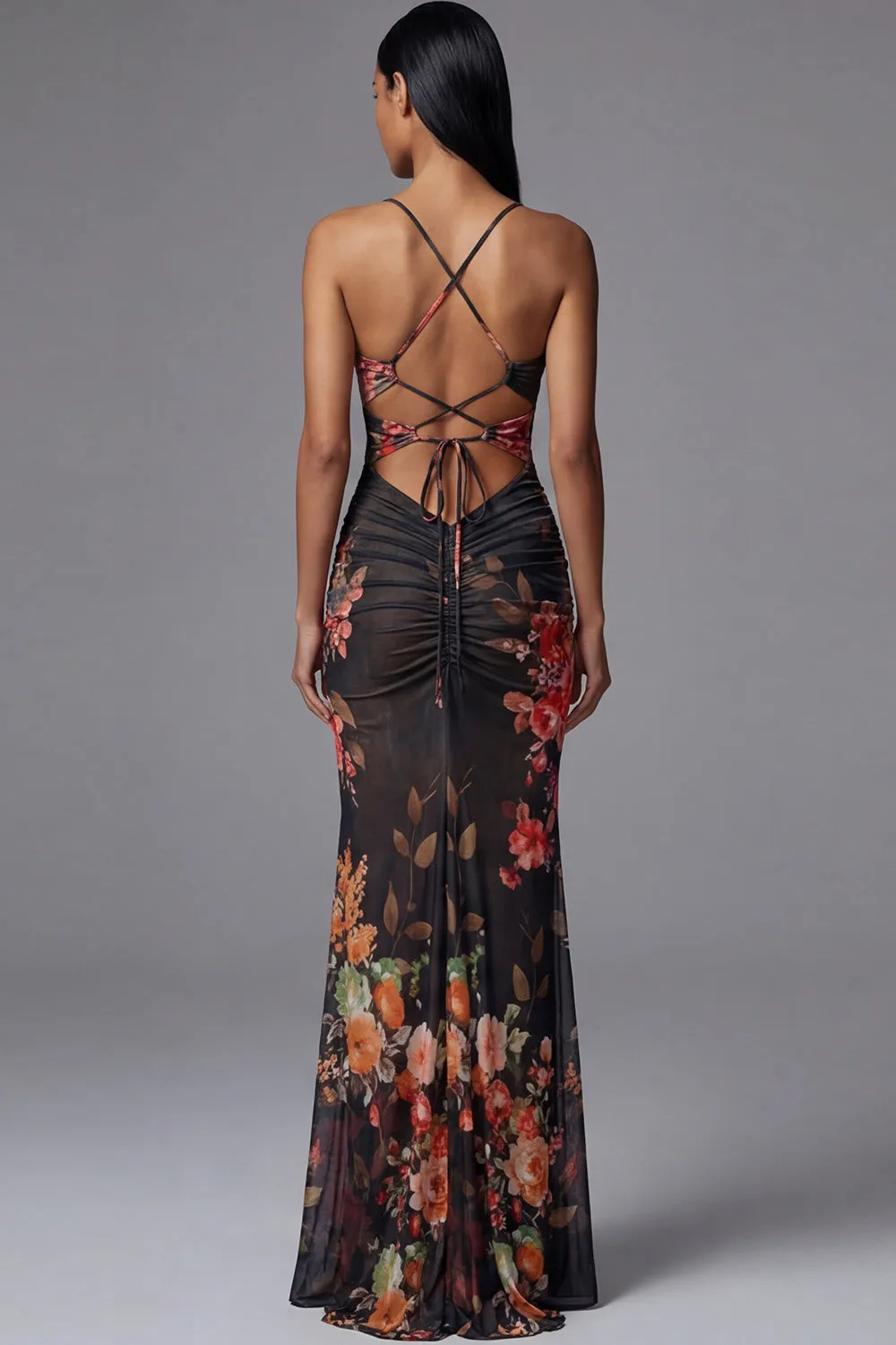 Mermaid Ruched Black Cut Out Floral Formal Dress with Lace-up Back sold by Wedtrend product image thumbnail 2