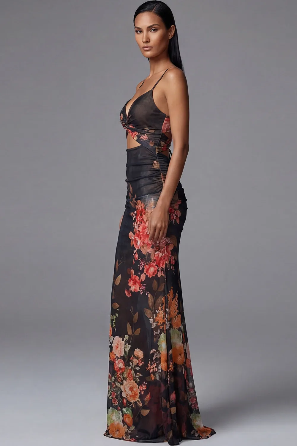 Mermaid Ruched Black Cut Out Floral Formal Dress with Lace-up Back sold by Wedtrend product image thumbnail 3