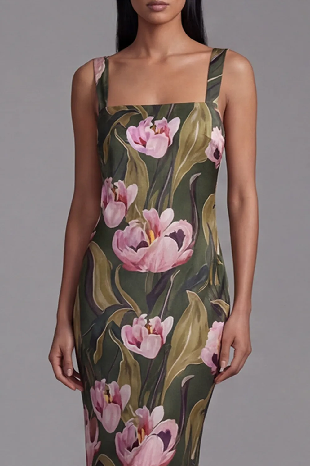 Olive Floral Square Neck Maxi Formal Dress sold by Wedtrend product image thumbnail 4
