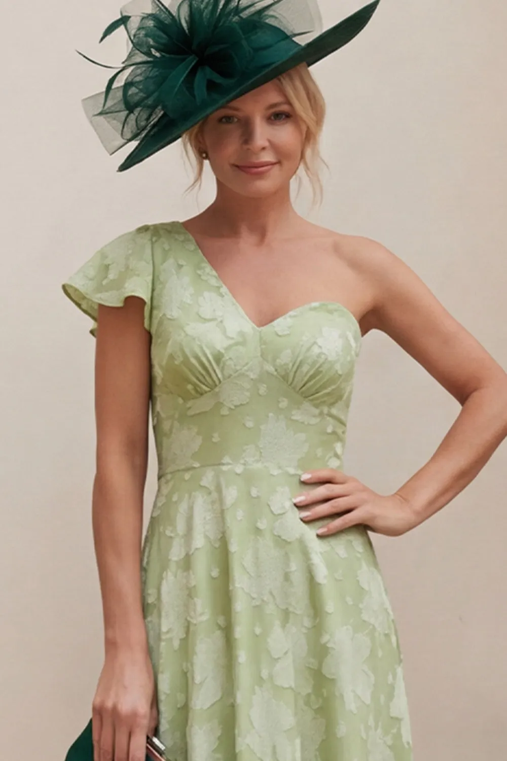 Sage Green A Line Ruched One Shoulder Mother of the Bride Dress sold by Wedtrend product image thumbnail 4