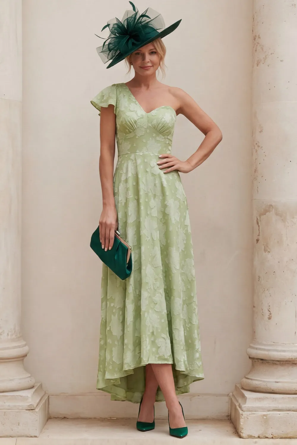 Sage Green A Line Ruched One Shoulder Mother of the Bride Dress sold by Wedtrend