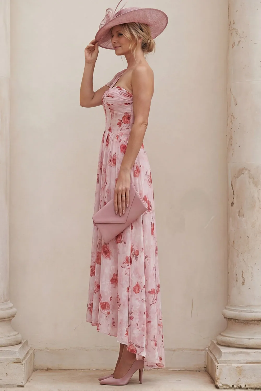 One Shoulder Floral Dusty Rose A Line Ruched Mother of the Bride Dress sold by Wedtrend product image thumbnail 3