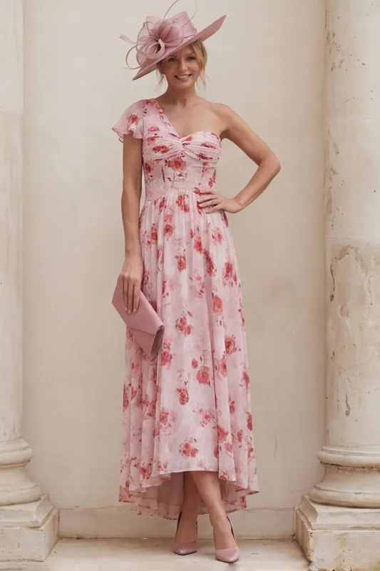 One Shoulder Floral Dusty Rose A Line Ruched Mother of the Bride Dress made by Wedtrend