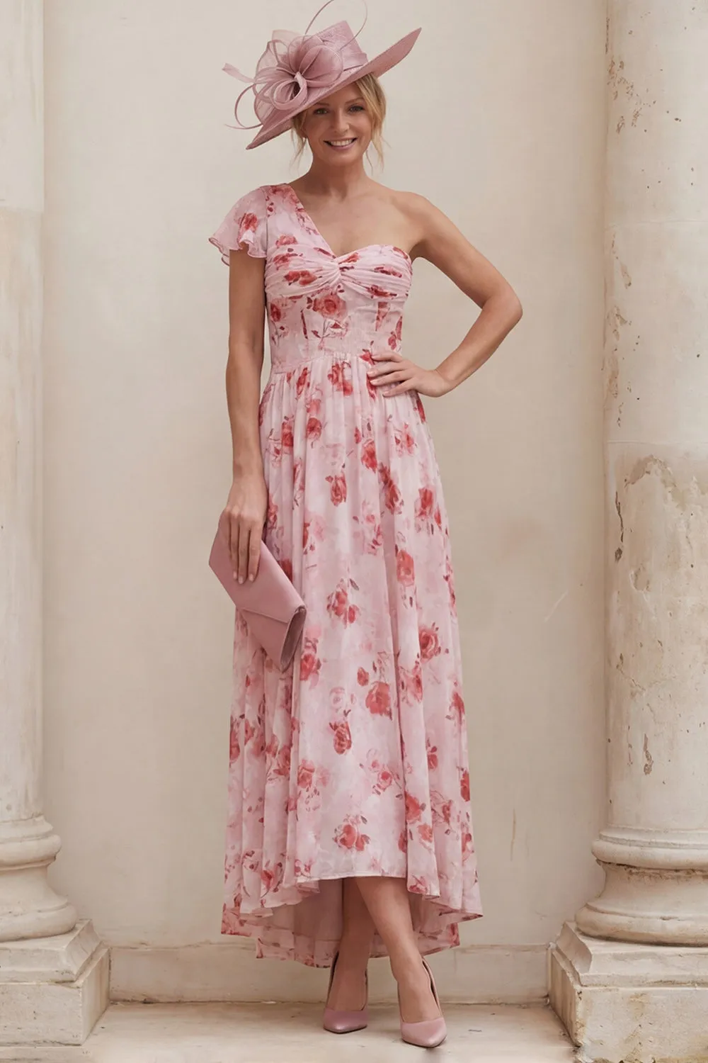 One Shoulder Floral Dusty Rose A Line Ruched Mother of the Bride Dress sold by Wedtrend