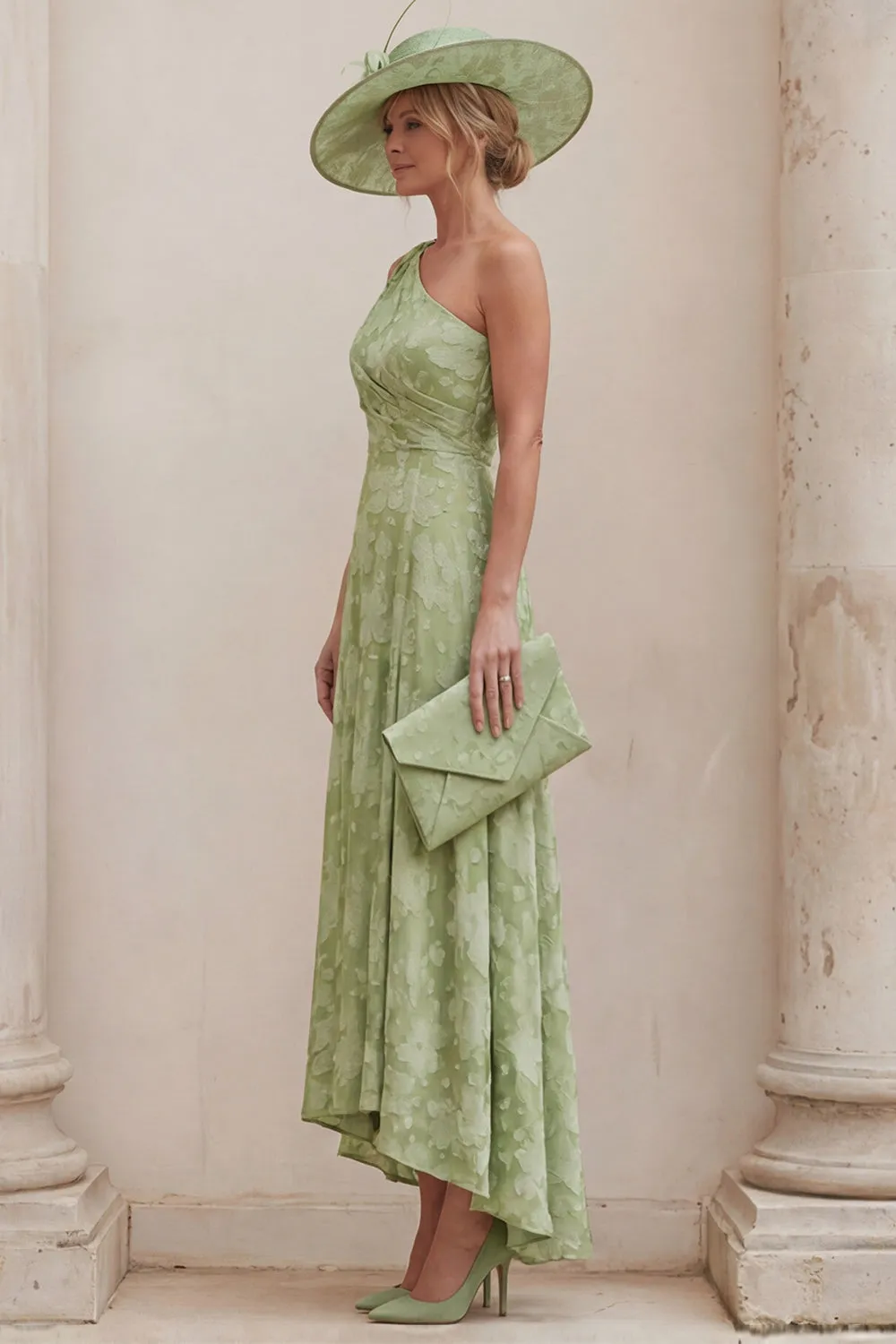 One Shoulder A Line Sage Green Floral Mother of the Bride Dress with Back Bow sold by Wedtrend product image thumbnail 3
