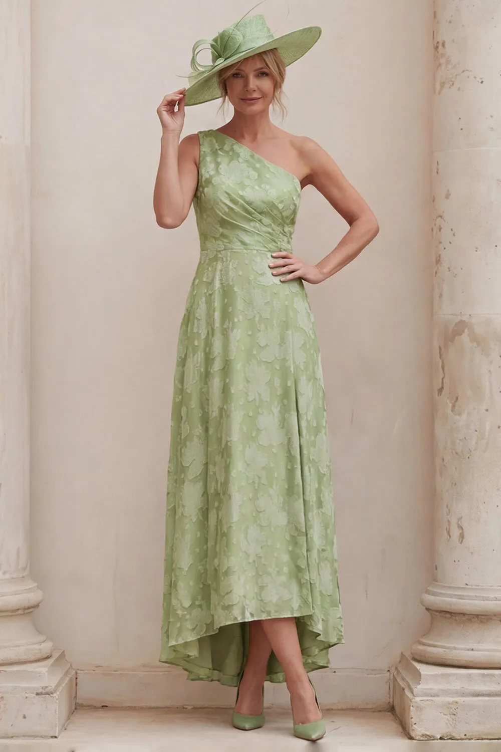 One Shoulder A Line Sage Green Floral Mother of the Bride Dress with Back Bow sold by Wedtrend