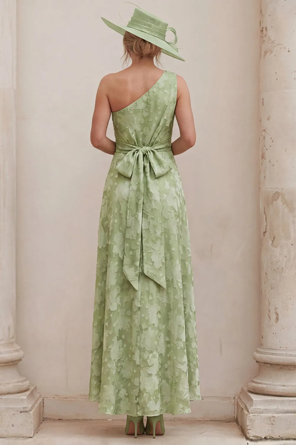 One Shoulder A Line Sage Green Floral Mother of the Bride Dress with Back Bow sold by Wedtrend product image thumbnail 2