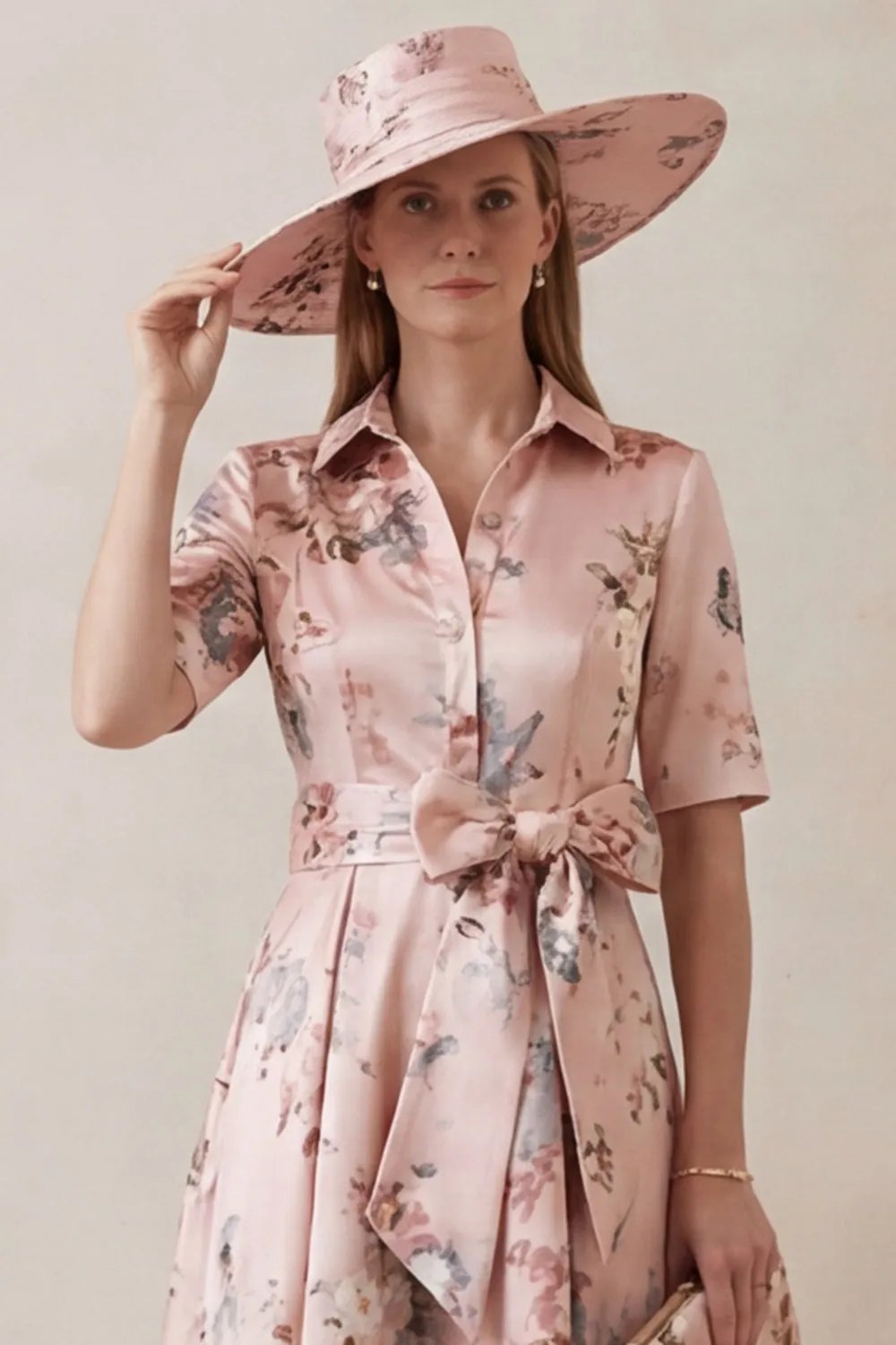 Floral Dusty Rose A Line Short Sleeve High-Low Mother of the Bride Dress with Belt sold by Wedtrend product image thumbnail 4