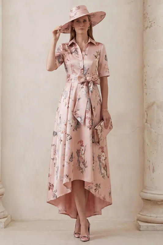 Floral Dusty Rose A Line Short Sleeve High-Low Mother of the Bride Dress with Belt made by Wedtrend