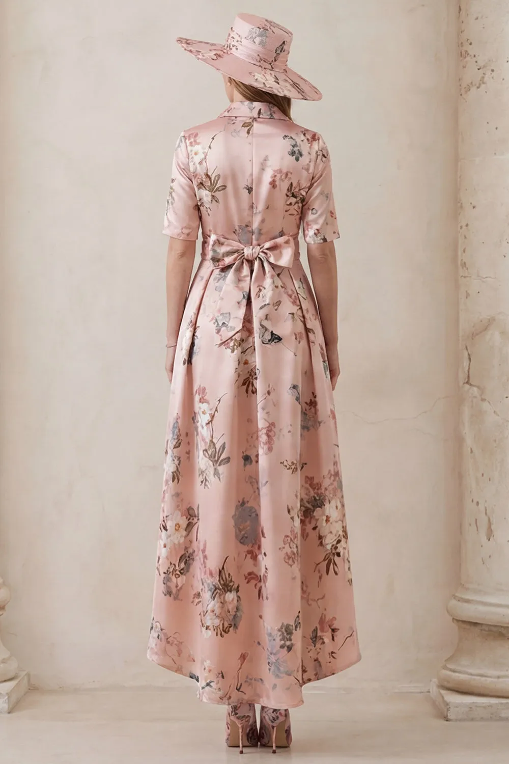 Floral Dusty Rose A Line Short Sleeve High-Low Mother of the Bride Dress with Belt sold by Wedtrend product image thumbnail 2