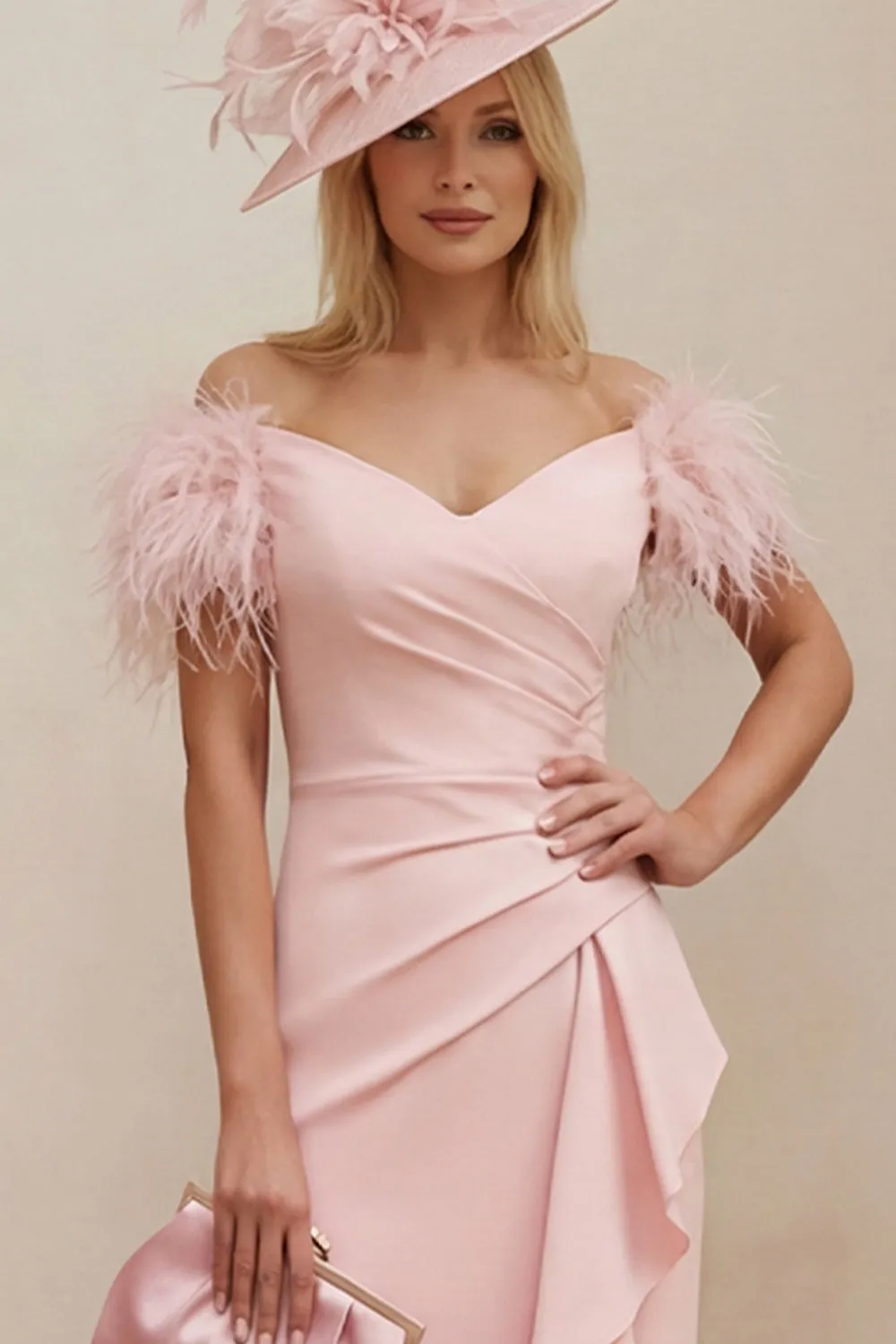 Blush Off The Shoulder Ruffled Mermaid Midi Mother of the Bride Dress with Feathers sold by Wedtrend product image thumbnail 4