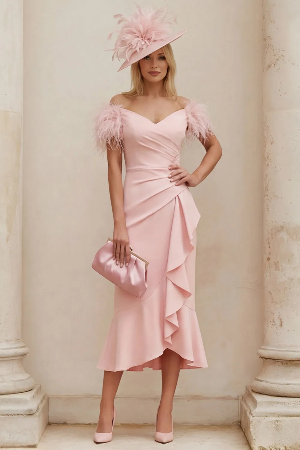Blush Off The Shoulder Ruffled Mermaid Midi Mother of the Bride Dress with Feathers sold by Wedtrend