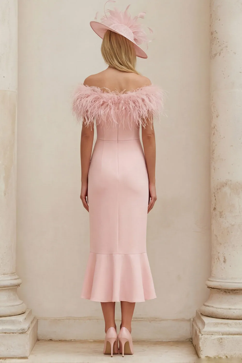 Blush Off The Shoulder Ruffled Mermaid Midi Mother of the Bride Dress with Feathers sold by Wedtrend product image thumbnail 2