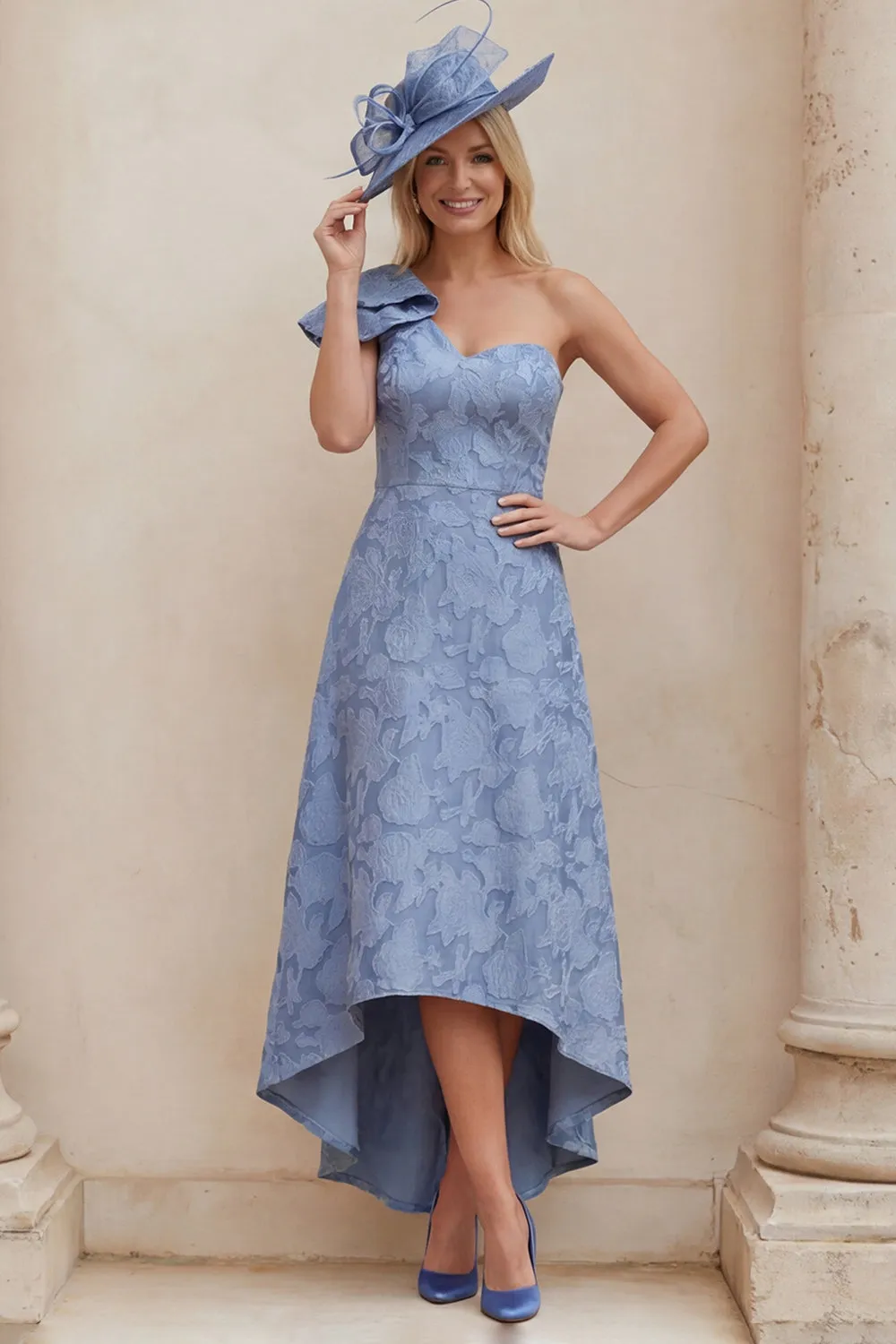 Dusty Blue Floral One Shoulder A Line High-Low Mother of the Bride Dress sold by Wedtrend