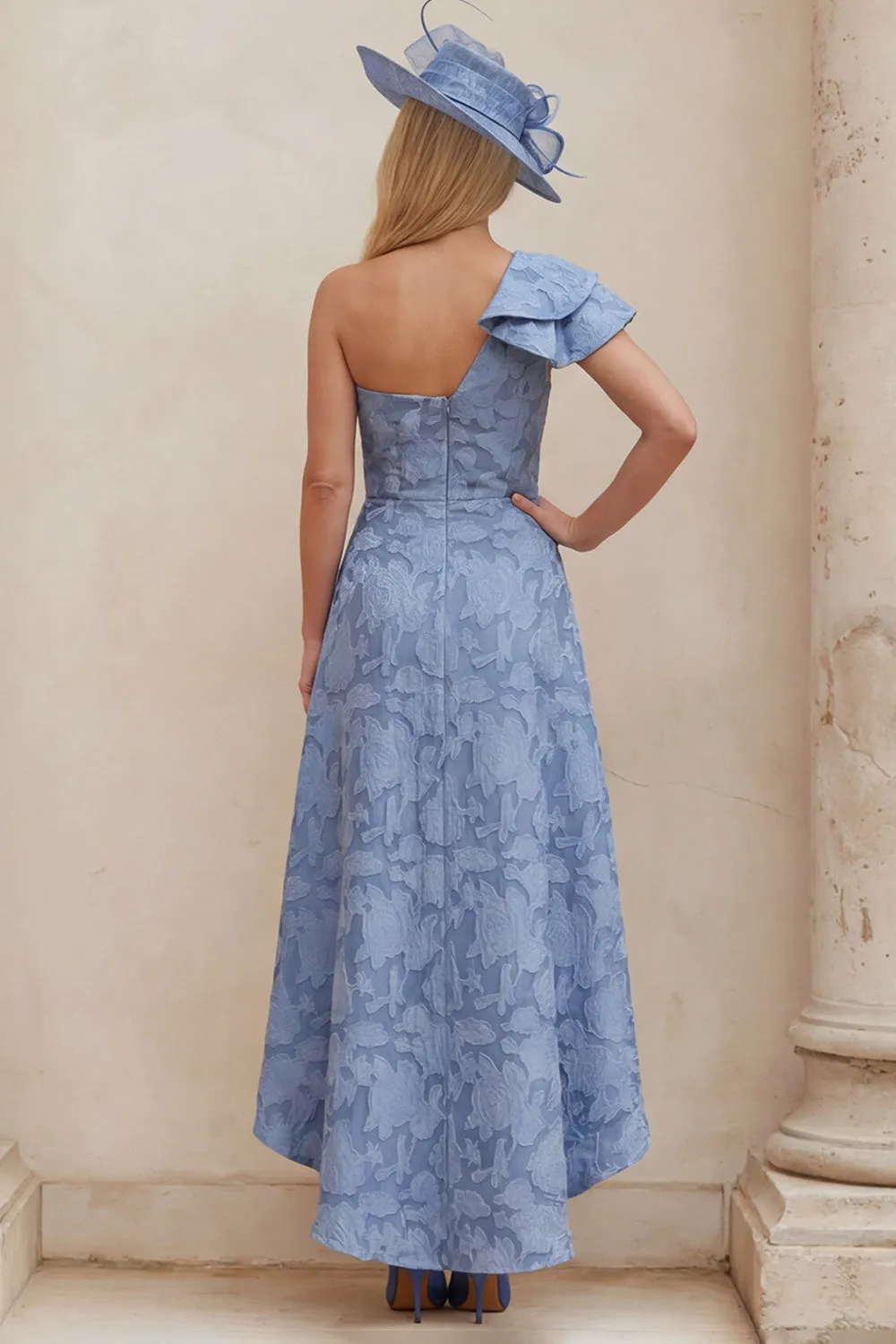 Dusty Blue Floral One Shoulder A Line High-Low Mother of the Bride Dress sold by Wedtrend product image thumbnail 2