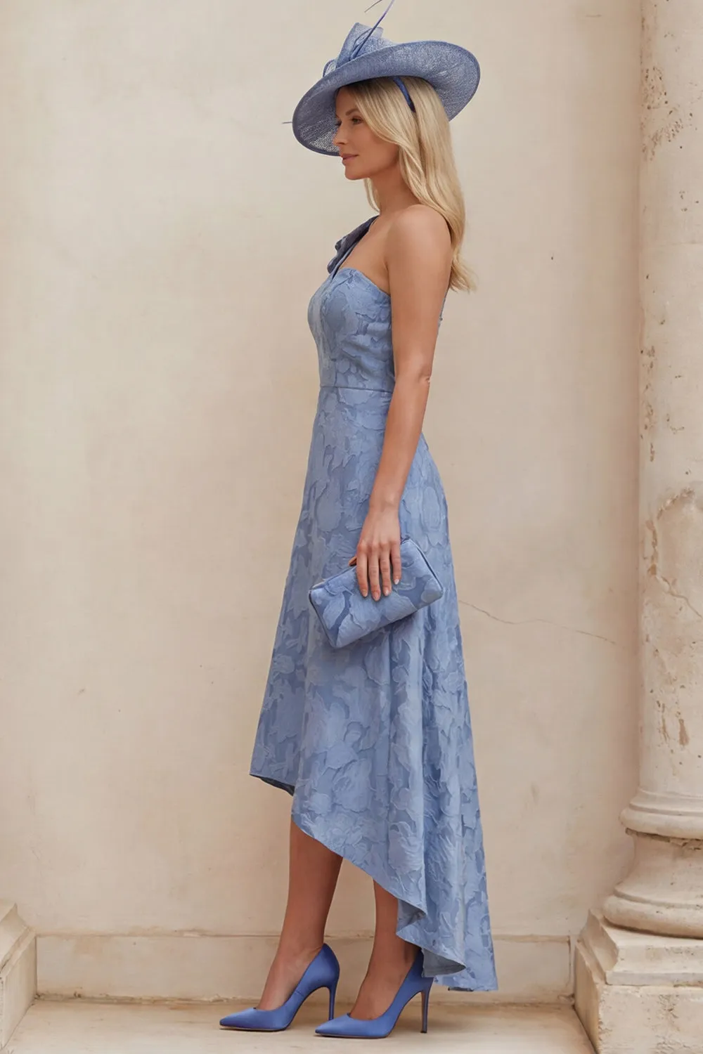 Dusty Blue Floral One Shoulder A Line High-Low Mother of the Bride Dress sold by Wedtrend product image thumbnail 3