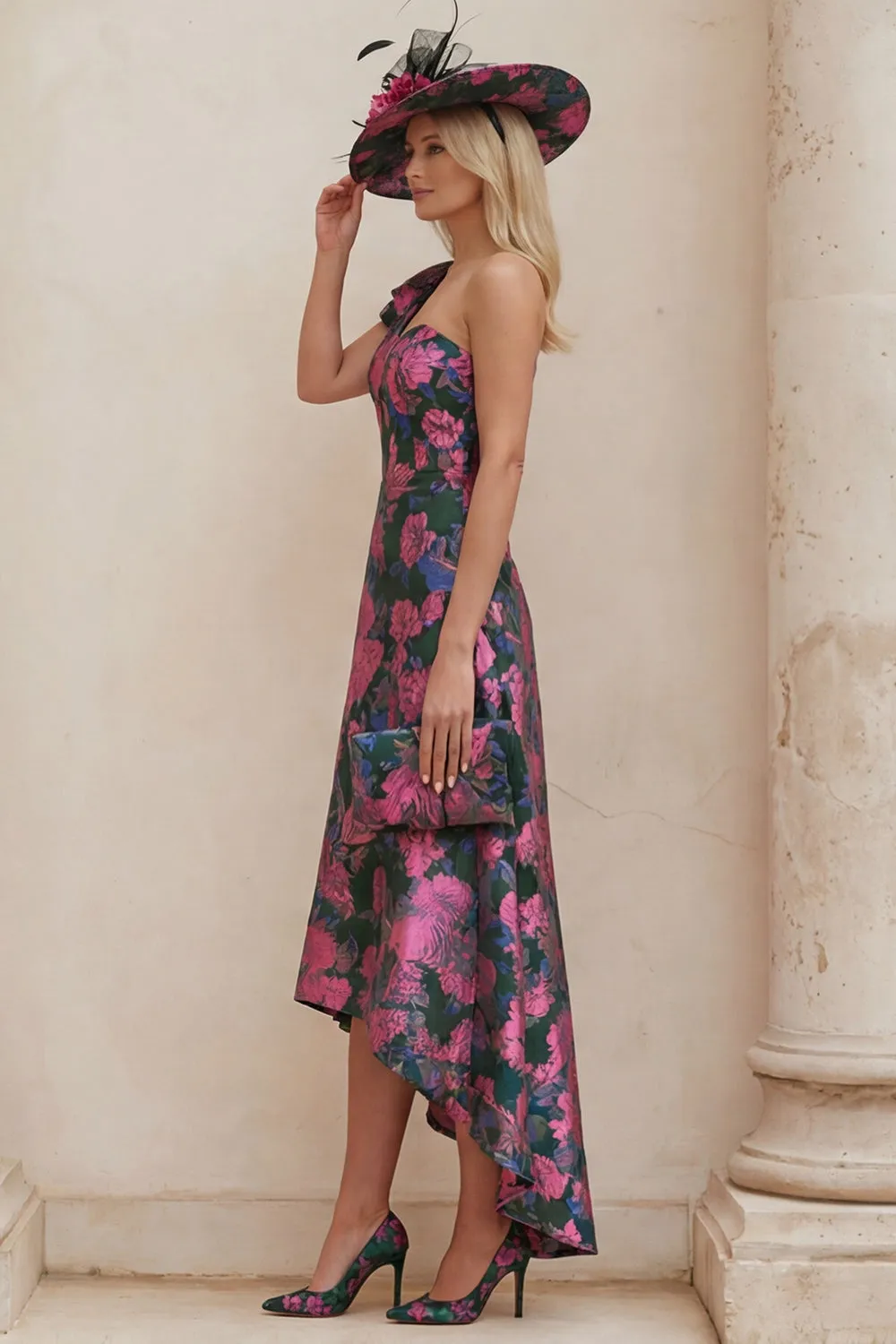 One Shoulder Fuchsia Floral A Line Mother Of The Bride Dress sold by Wedtrend product image thumbnail 3