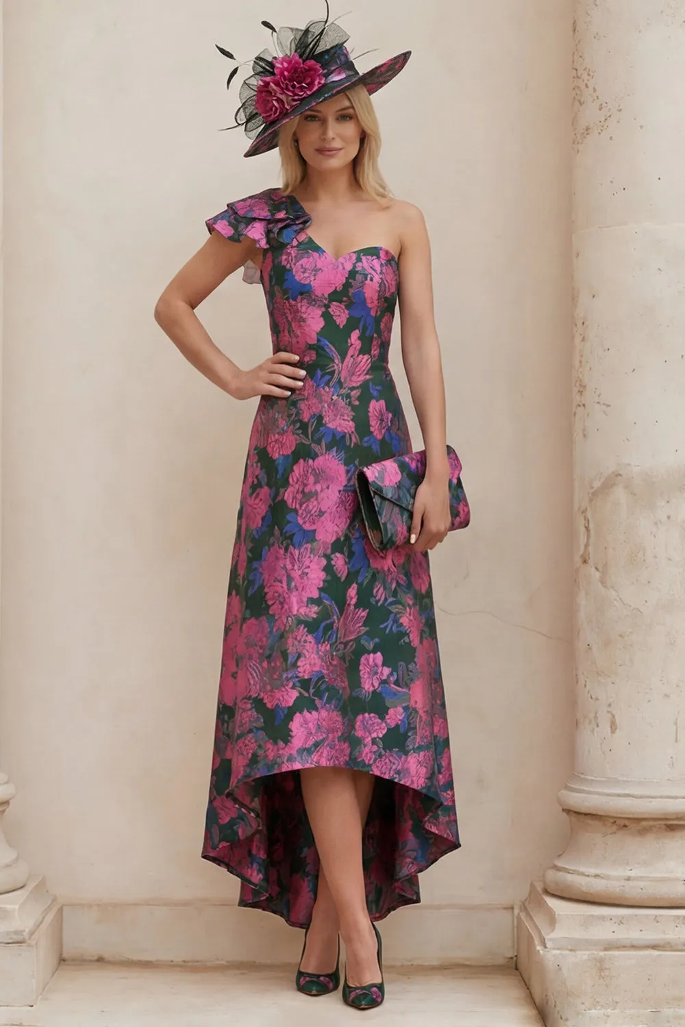 One Shoulder Fuchsia Floral A Line Mother Of The Bride Dress sold by Wedtrend