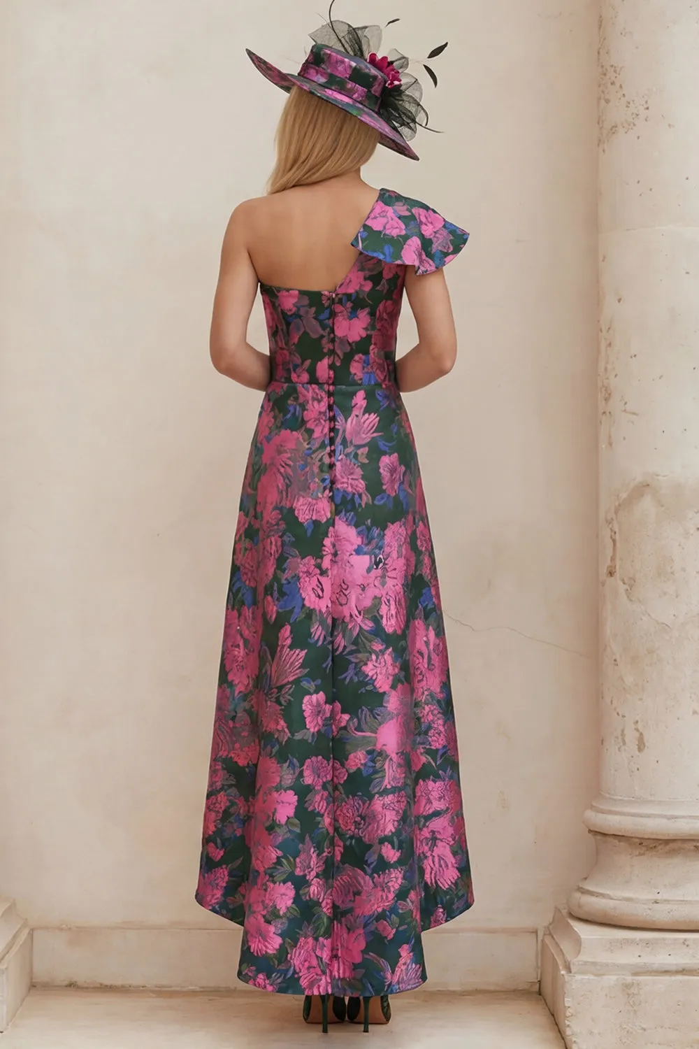 One Shoulder Fuchsia Floral A Line Mother Of The Bride Dress sold by Wedtrend product image thumbnail 2