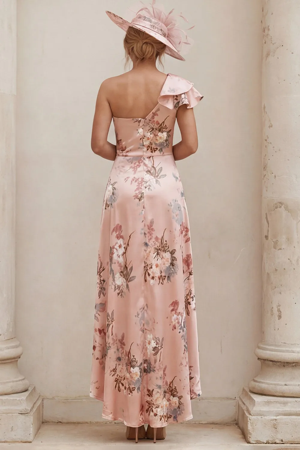 One Shoulder Dusty Rose Floral A Line Mother of the Bride Dress with Slit sold by Wedtrend product image thumbnail 2
