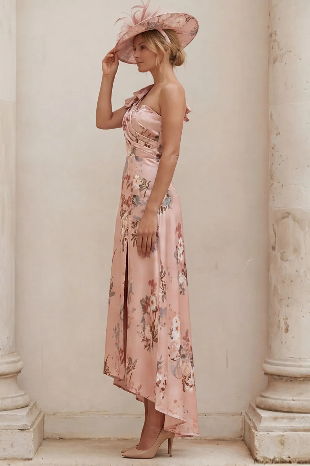 One Shoulder Dusty Rose Floral A Line Mother of the Bride Dress with Slit sold by Wedtrend product image thumbnail 3