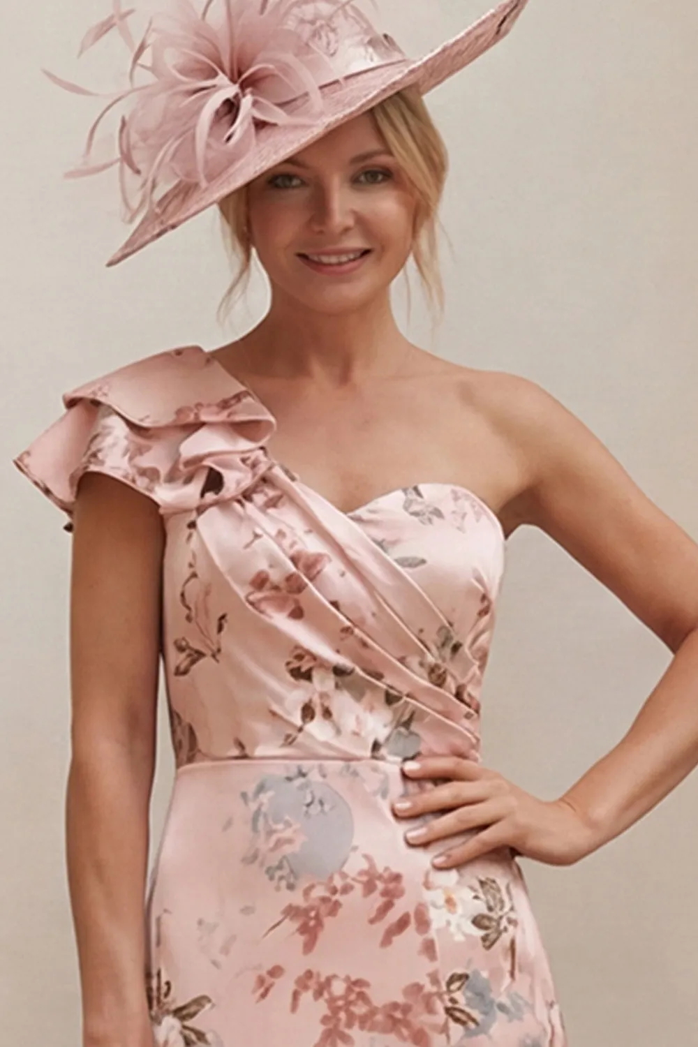 One Shoulder Dusty Rose Floral A Line Mother of the Bride Dress with Slit sold by Wedtrend product image thumbnail 4