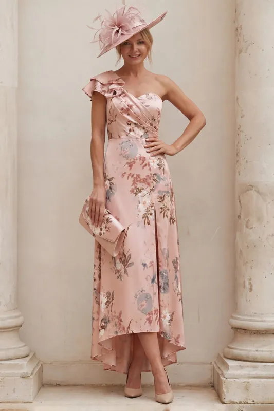 One Shoulder Dusty Rose Floral A Line Mother of the Bride Dress with Slit made by Wedtrend