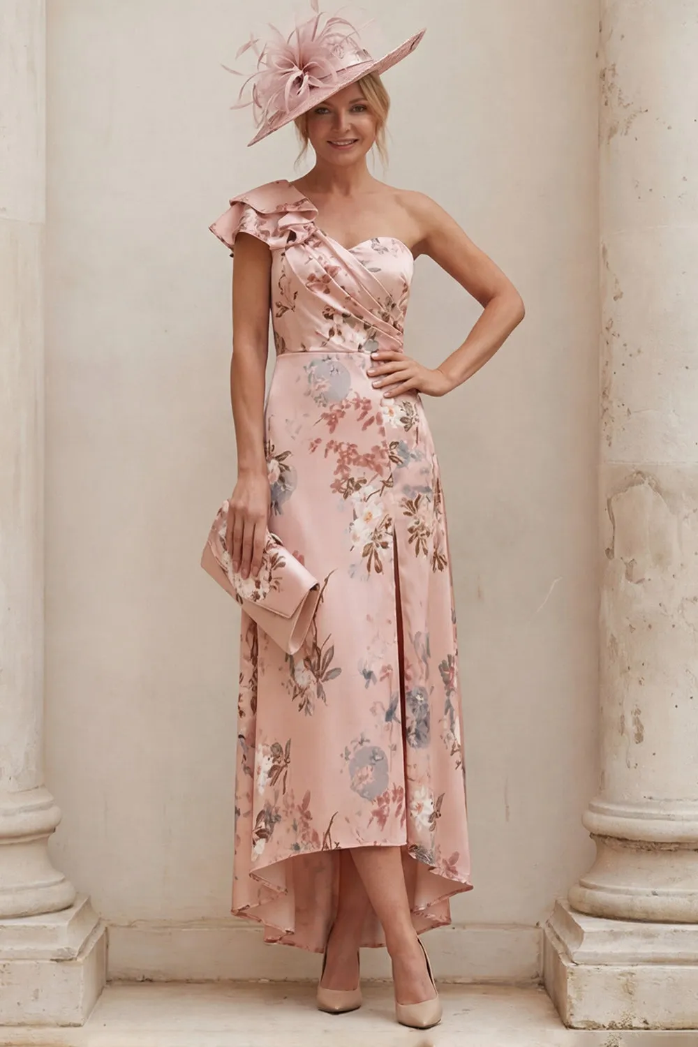 One Shoulder Dusty Rose Floral A Line Mother of the Bride Dress with Slit sold by Wedtrend