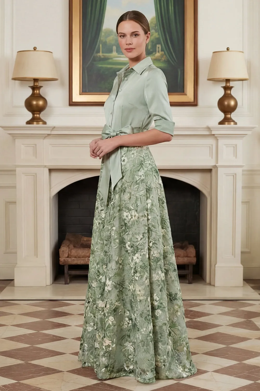 Sage Green Floral A Line Long Mother of the Bride Dress with Bow sold by Wedtrend product image thumbnail 3