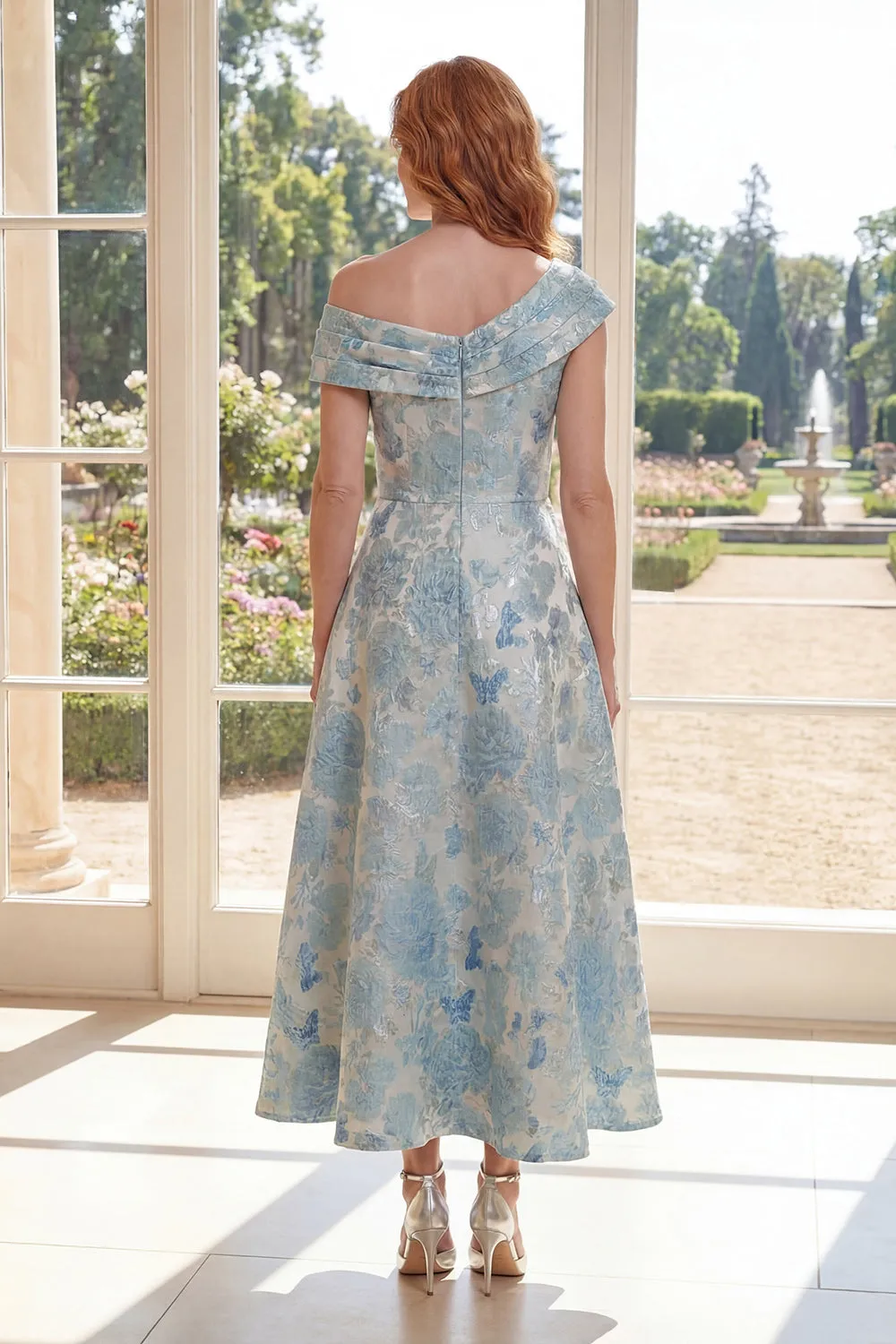 Blue A Line Jacquard Asymmetrical Neck Midi Mother of the Bride Dress sold by Wedtrend product image thumbnail 2