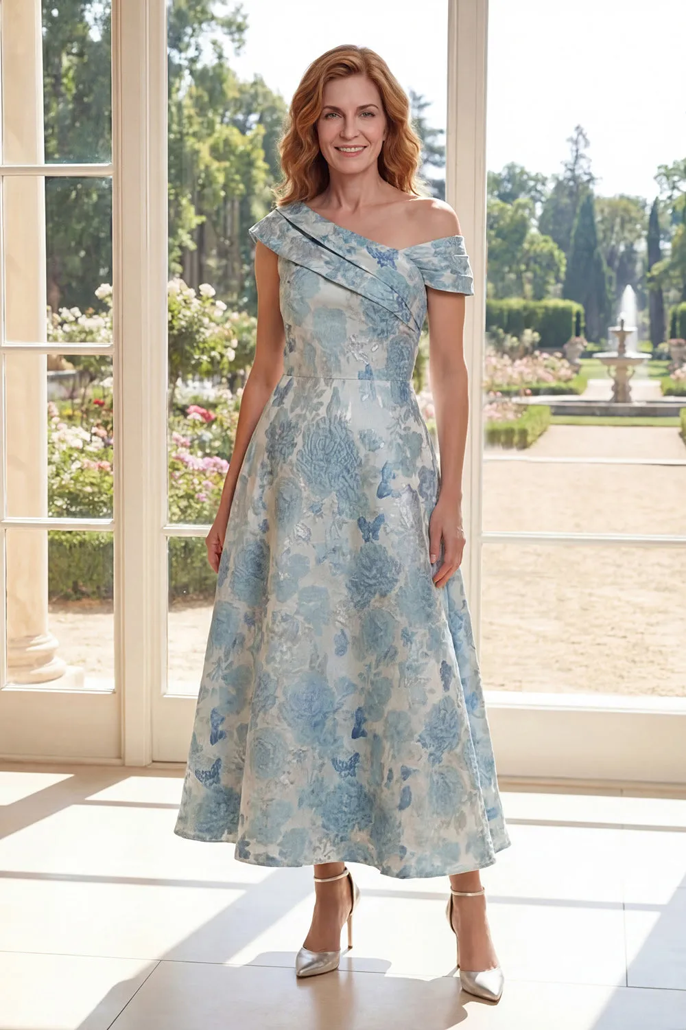 Blue A Line Jacquard Asymmetrical Neck Midi Mother of the Bride Dress sold by Wedtrend