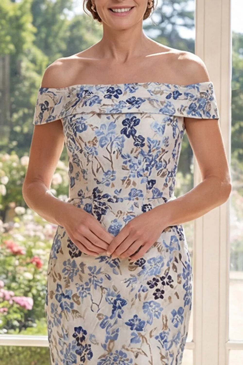 Dusty Blue Sheath Printed Floral Off The Shoulder Midi Mother of the Bride Dress sold by Wedtrend product image thumbnail 3