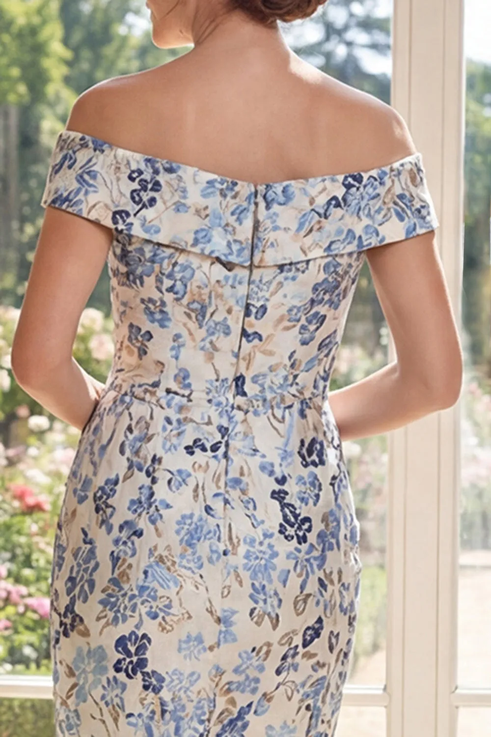 Dusty Blue Sheath Printed Floral Off The Shoulder Midi Mother of the Bride Dress sold by Wedtrend product image thumbnail 4