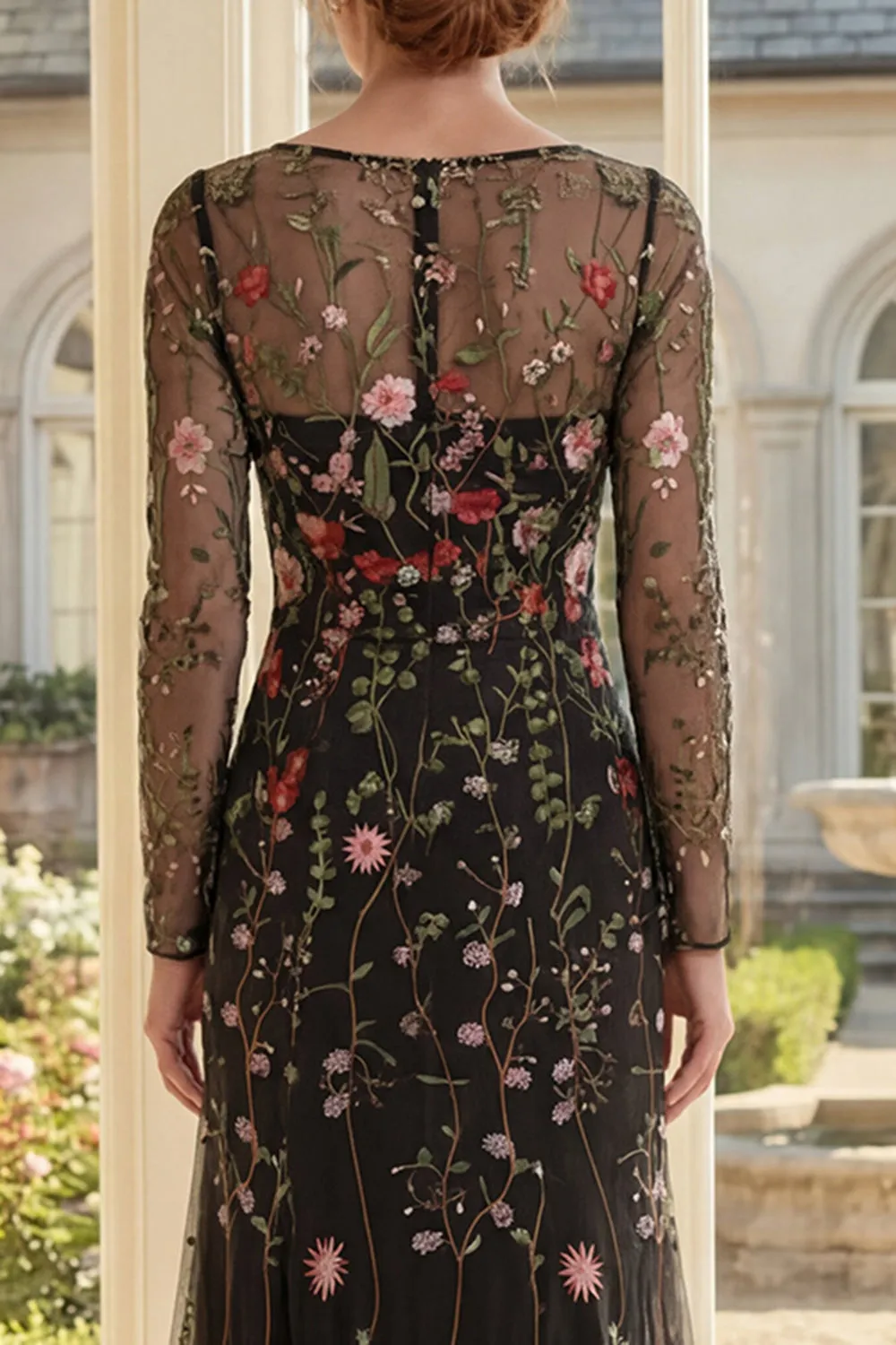 Mermaid Square Neck Black Floral Mother of the Bride Dress with Long Sleeves sold by Wedtrend product image thumbnail 4