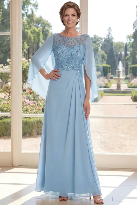 Light Blue Appliqued Chiffon Mother of the Bride Dress with Cape Sleeves made by Wedtrend