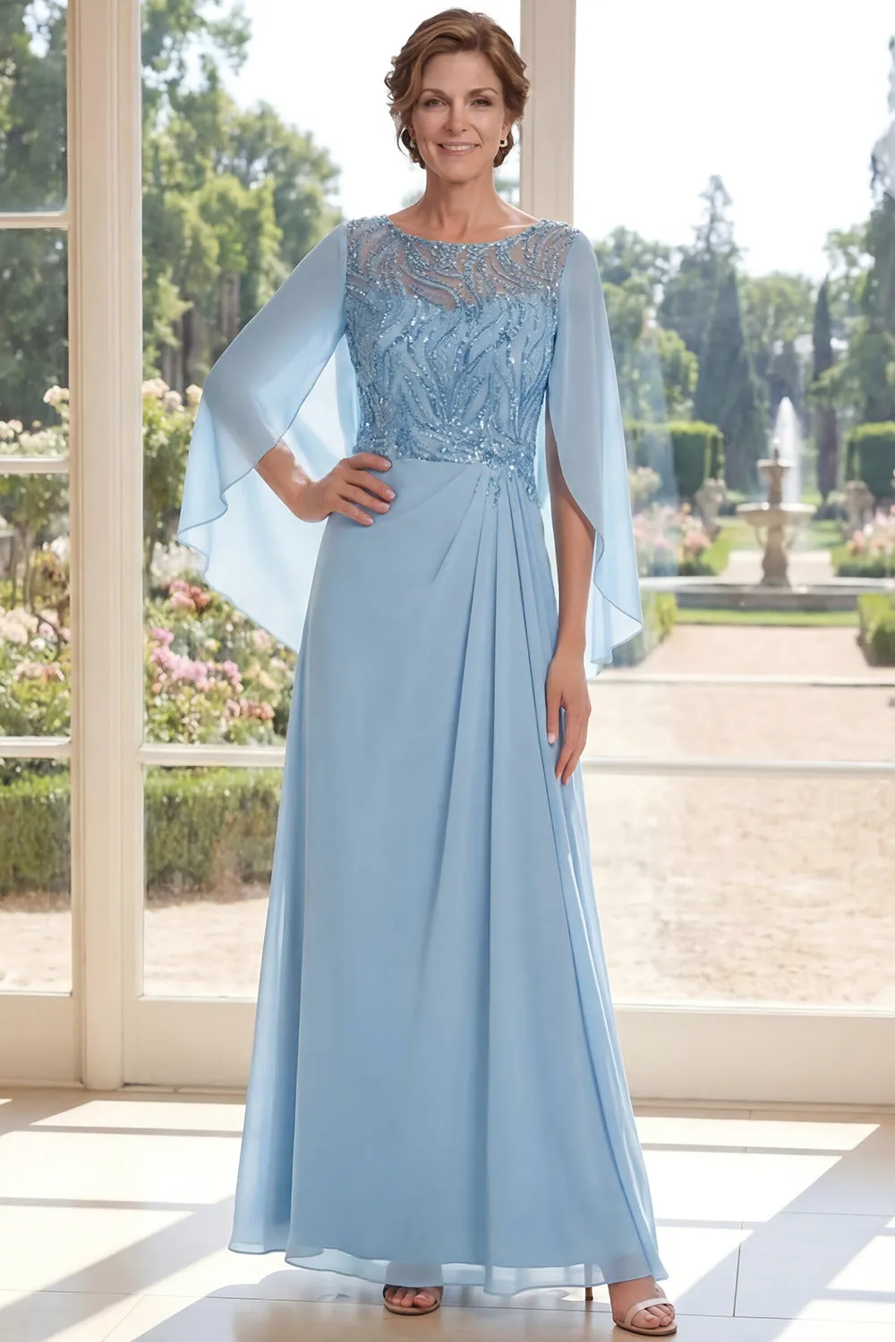 Light Blue Appliqued Chiffon Mother of the Bride Dress with Cape Sleeves sold by Wedtrend