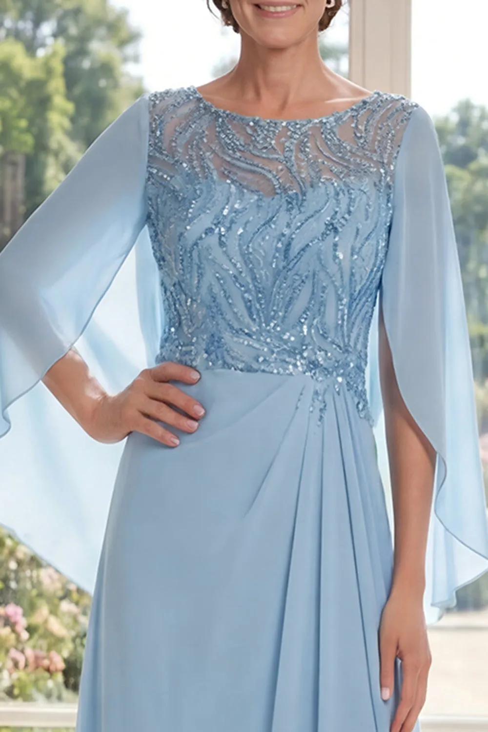 Light Blue Appliqued Chiffon Mother of the Bride Dress with Cape Sleeves sold by Wedtrend product image thumbnail 3
